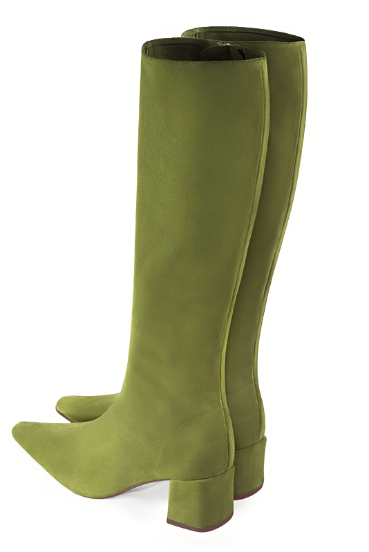 Pistachio green women's feminine knee-high boots. Tapered toe. Medium block heels. Made to measure. Rear view - Florence KOOIJMAN